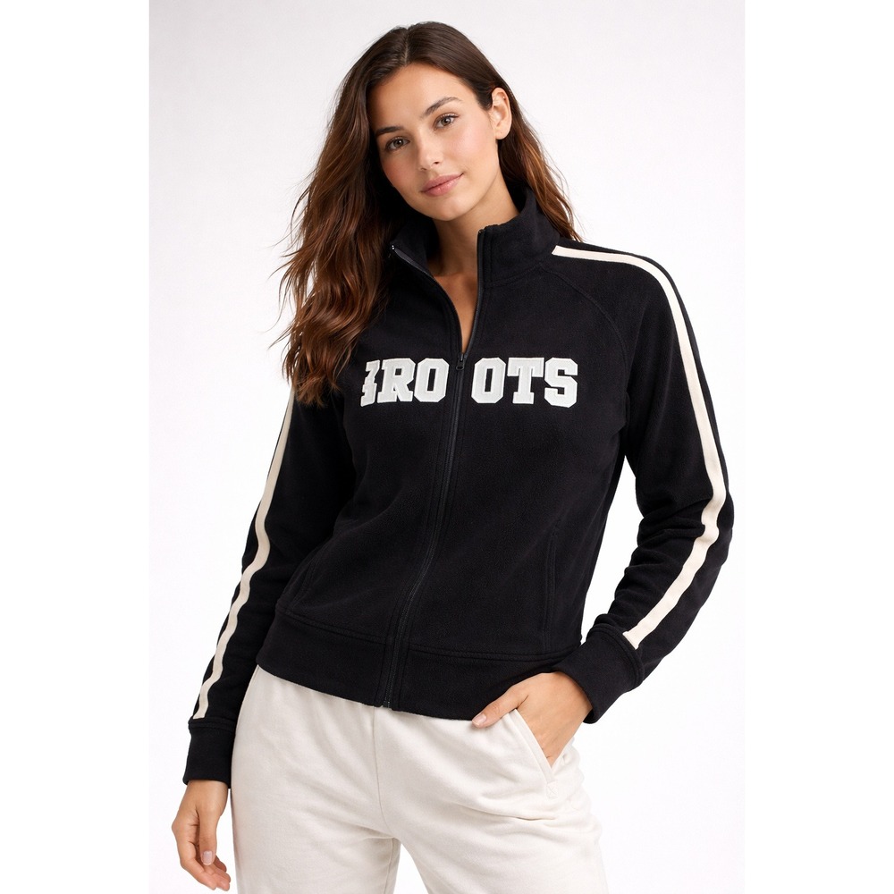 Roots Sport Full Zip Jacket‎ Large Black White Logo Fleece Track Stripe Y2K 73